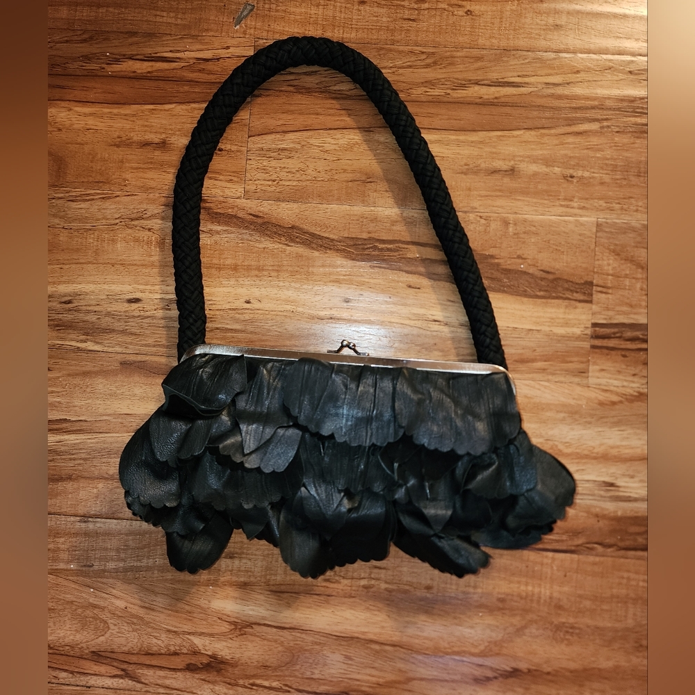 Malandrino black leather leaf motif/detail cocktail bag